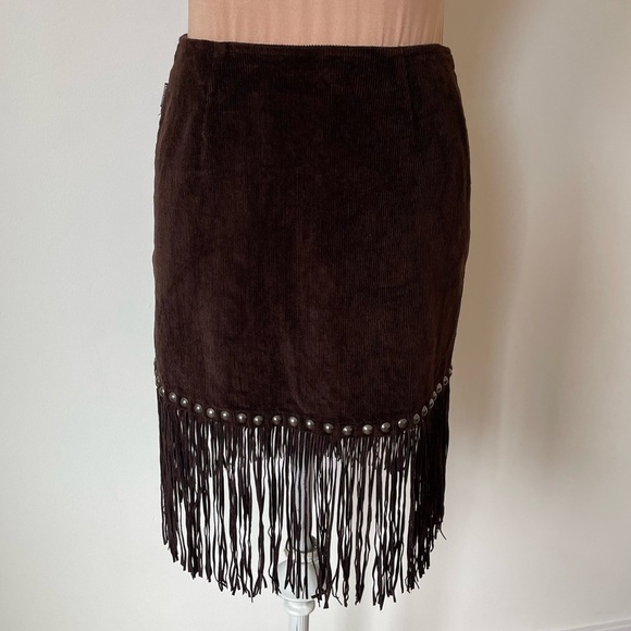 Moschino Dresses & Skirts - Moschino Vintage Brown Cotton Corduroy Studded 1990s Y2K Fringe Mini Skirt EUC 4